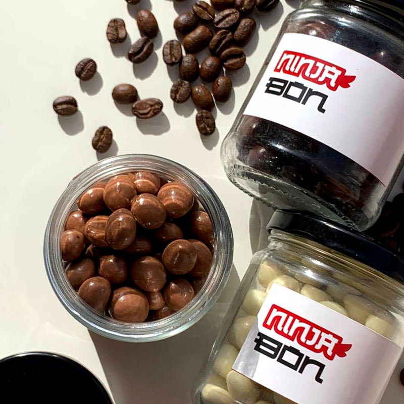 white and dark chocolate coffee beans snacks package , ninjabon